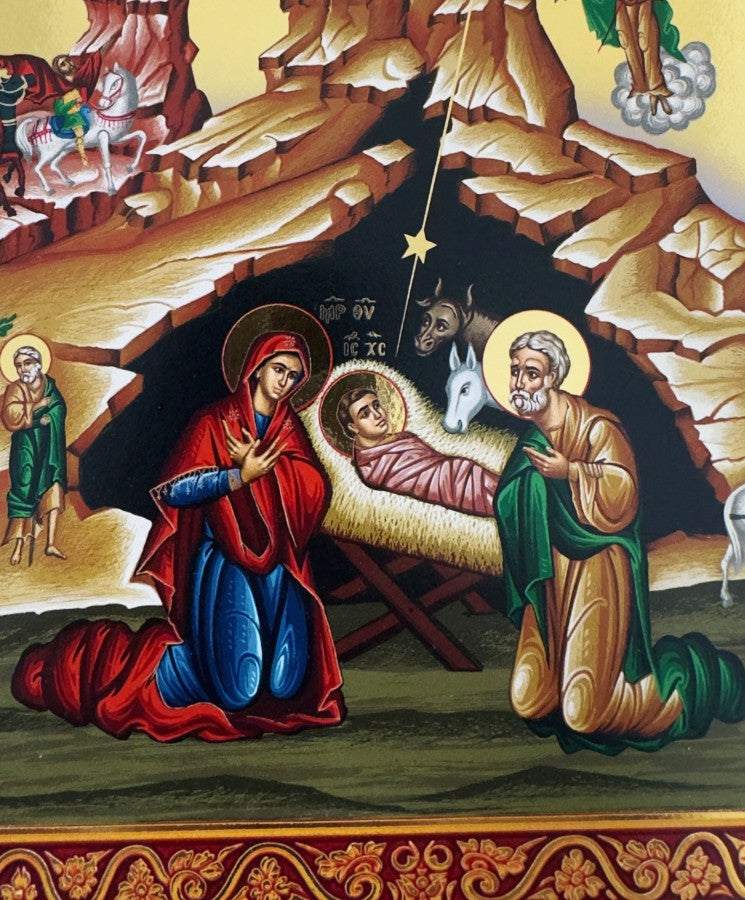 The Birth of Jesus Christ - Wooden Icon with Gold Background and High-Quality Print (Lithography)