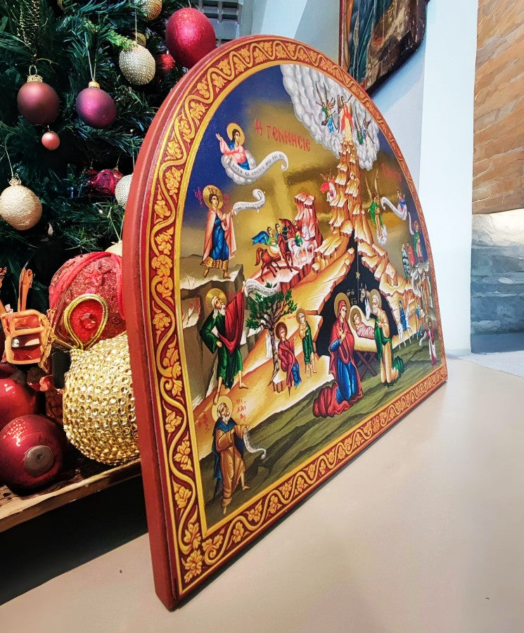 The Birth of Jesus Christ - Wooden Icon with Gold Background and High-Quality Print (Lithography)
