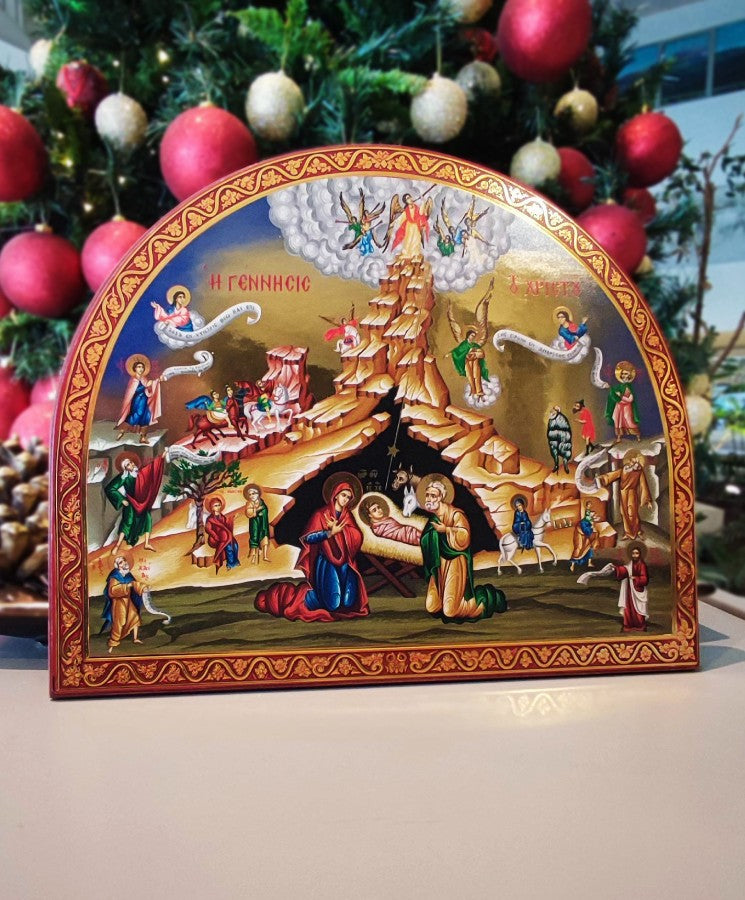 The Birth of Jesus Christ - Wooden Icon with Gold Background and High-Quality Print (Lithography)