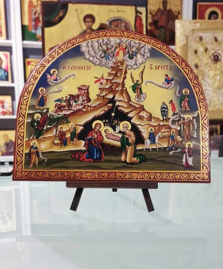 The Birth of Jesus Christ - Wooden Icon with Gold Background and High-Quality Print (Lithography)