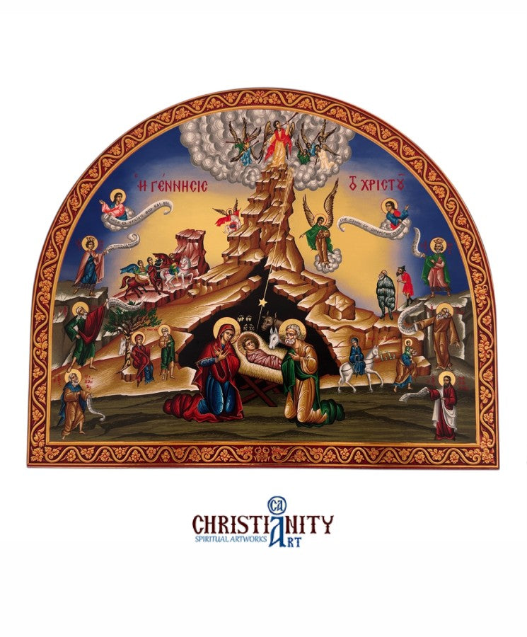 The Birth of Jesus Christ - Wooden Icon with Gold Background and High-Quality Print (Lithography)